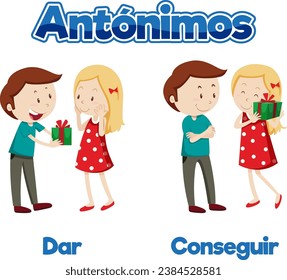 Illustrated card featuring antonyms in Spanish for education