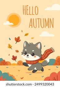 Illustrated card hello autumn with a little wolf against the backdrop autumn landscape