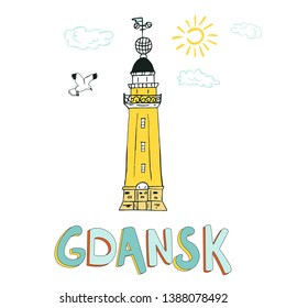 Illustrated card with lighthouse in Gdansk. Illustration for travel guide, poster or apparel design