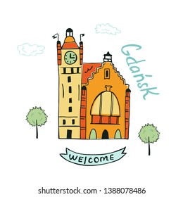 Illustrated card with railway station in Gdansk. Illustration for travel guide, poster or apparel design