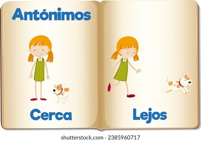 Illustrated card in Spanish depicting the antonyms 'cerca' (near) and 'lejos' (far)