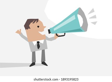 Illustrated Cartoon Businessman With Megaphone, Giving An Information