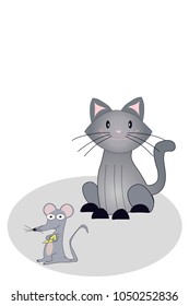 Illustrated cartoon cat and mouse holding wedge of cheese on grey rug on white with copy space.