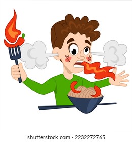 Illustrated cartoon character of a man who eat spicy food and get a spicy feeling. isolated on white background