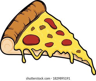 Illustrated cartoon design of a slice of pizza with pepperoni and beef or sausage and melted cheese dripping off sides. Illustrator eps vector graphic.