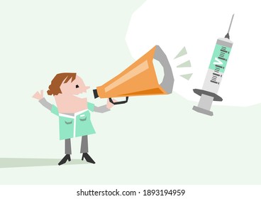 illustrated Cartoon Doctor with megaphone, giving Vaccine information
