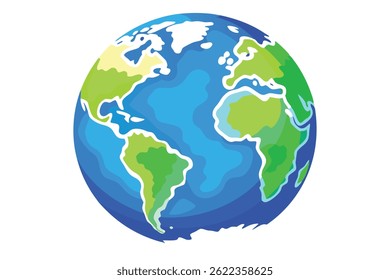 Illustrated cartoon globe showcasing world continents like Africa, Europe, America, and Asia, distinguished by green landmasses and blue oceans against a clean, transparent backdrop.