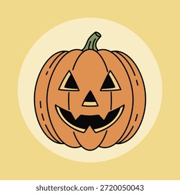 Calabaza ilustrada de dibujos animados con una cara tallada clásica con ojos y nariz triangulares, y una sonrisa ancha y dentada. Perfecto para decoraciones de Halloween y diseños festivos.