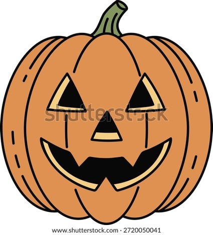 Illustrated cartoon jack o lantern pumpkin with a classic carved face featuring triangle eyes and nose, and a wide, toothy grin. Perfect for Halloween decorations and festive designs.