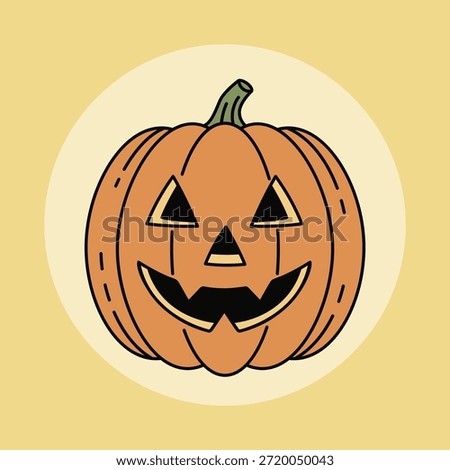 Illustrated cartoon jack o lantern pumpkin with a classic carved face featuring triangle eyes and nose, and a wide, toothy grin. Perfect for Halloween decorations and festive designs.