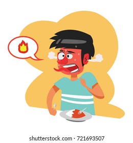 Illustrated cartoon of man who eat spicy food and get spicy feeling 