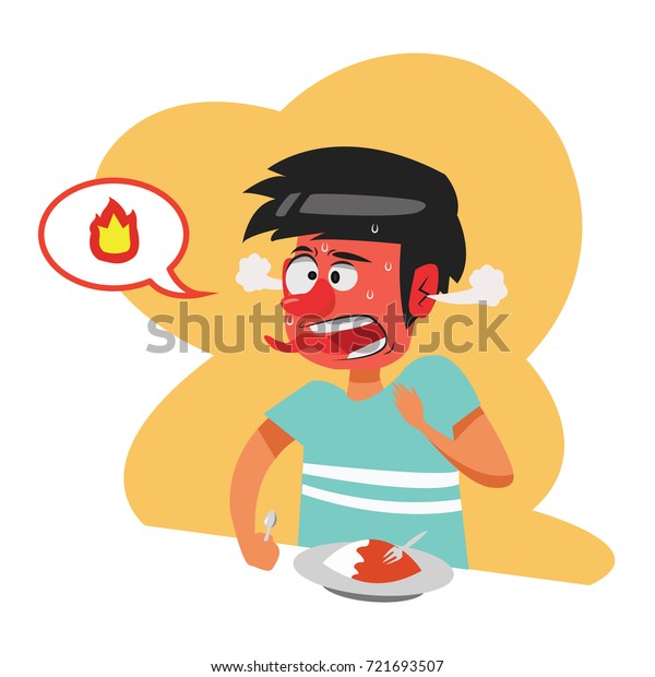辛い食べ物を食べ 辛い感じを得る男性のイラスト漫画 のベクター画像