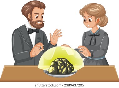 An illustrated cartoon of Marie Curie and Pierre Curie, the pioneers of uranium