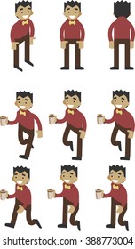 An illustrated cartoon office worker walking with a cup of coffee