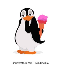Illustrated cartoon penguin with cute expression. Penguin with ice cream.