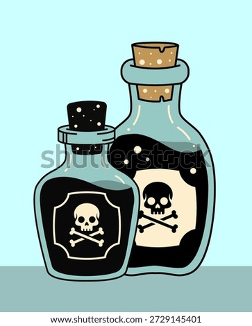 Illustrated cartoon poison bottles featuring skull and crossbones labels, one black capped and one corked. Ideal for Halloween, danger symbols, or spooky graphic design projects.