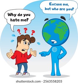 Illustrated cartoon representing a dialogue between a person and planet Earth. Ideal for educational and cultural materials