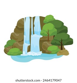 Illustrated cartoon waterfall oasis landscape in flat design with vibrant and colorful nature elements. Including flowing water. Greenery. Trees. And a serene environment