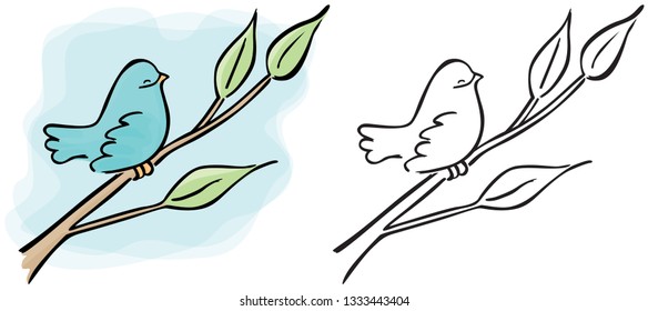 Illustrated cartooon bird sitttin on a branch - colored and outline