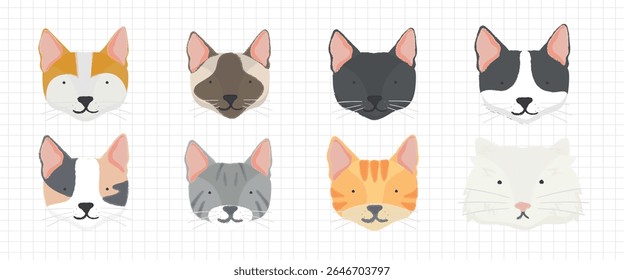 Illustrated cat faces in colors and patterns on a grid background. Features include stripes, spots, and different ear shapes. Cute and diverse cat illustrations. Animal illustrations, isolated vectors