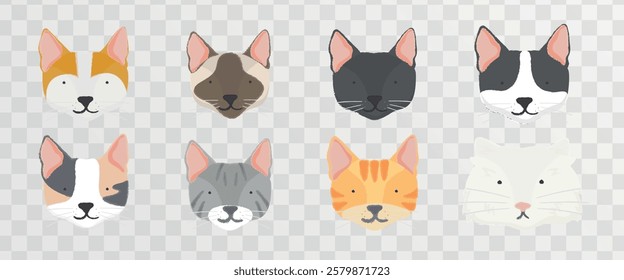 Illustrated cat faces in various colors and patterns, including tabby, Siamese, and tuxedo. Cute and diverse cat illustrations on a transparent background. Animal illustrations, isolated vector set.