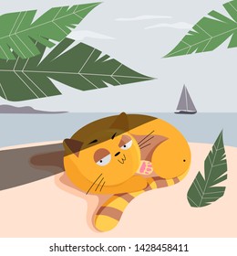 Illustrated cats on the beach. Summer, beach and sea. The red cat of the sea