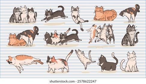 Illustrated cats playing, jumping, and resting. Playful cats in various poses. Cute cats on lined background, showcasing playful and relaxed moods. Cute illustrations, isolated vector set.