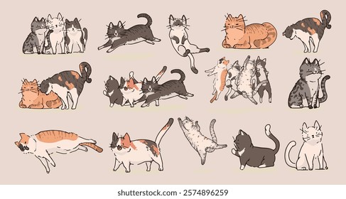 Illustrated cats in various poses, playful cats, resting cats, and jumping cats. Diverse cat colors and patterns in a playful cat collection. Cute illustrations, isolated vector set.