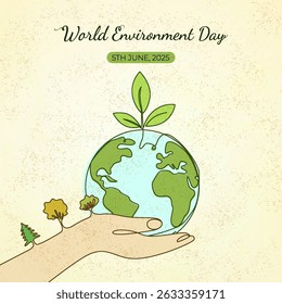 Illustrated celebrating World Environment Day with hand cradling Earth featuring green plant. Promotes sustainability, environmental awareness, and highlighting eco friendly and conservation concepts.