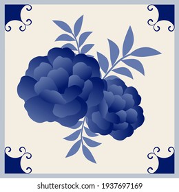 Baldosas hidráulicas de cerámica ilustradas típicas de España, Italia y Portugal. Flor y hojas retro vintage estilizadas