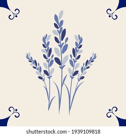Illustrated ceramic hydraulic tile typical of Spain, Italy and Portugal. Stylized vintage retro flower