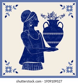 Illustrated ceramic tile. Ancient Greece girl carrying an amphora with olive branches 