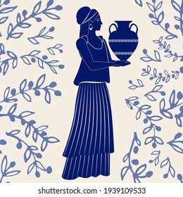 Illustrated ceramic tile. Ancient Greece girl carrying an amphora and olive branches on background