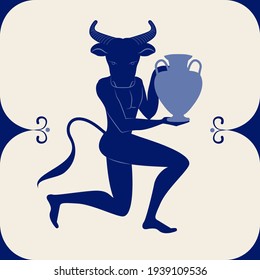 Illustrated ceramic tile. Minotaur knee in earth carrying an amphora