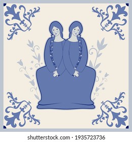 Illustrated ceramic tile. Two beautiful twins inside in an ornamental frame. Medieval style