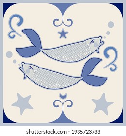 Baldosas cerámicas ilustradas. Dos peces dentro de un marco ornamental. Estilo medieval.