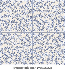 Illustrated ceramic tiles. Pattern of hand-drawn olive branches 