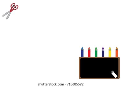 Illustrated chalkboard with chalk and colorful crayons and scissors on white.