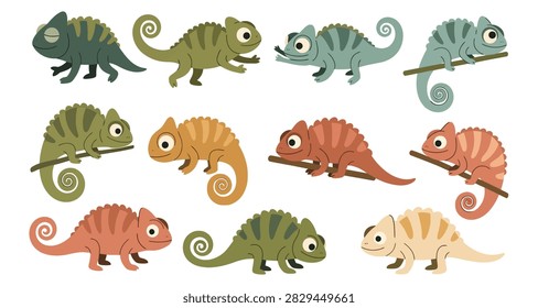 Illustrated chameleons with vibrant colors and curled tails