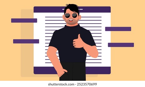 An illustrated character with sunglasses and a black shirt gives a thumbs-up, set against a backdrop of a purple and beige modern graphic element design.