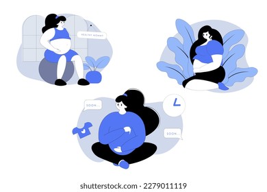 Illustrated characters expecting a baby, pregnant women, fitness for pregnant women.