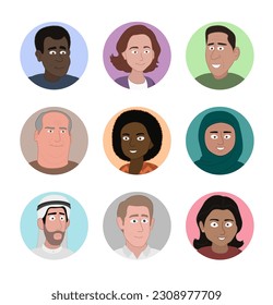 Illustrated characters profile images. Cropped headshots for social media profile picture. Nine diverse colorful characters. Easy to edit with editable line strokes. 