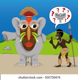 Illustrated charge representing an undercover elephant deceiving an African hunter. Ideal for educational and cultural materials