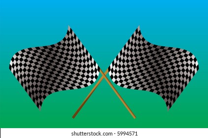 Illustrated checkered flag on a green and blue background