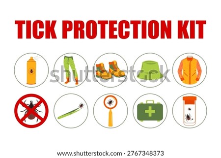 Illustrated checklist of tick safety essentials in round icons with red title text. Protective clothing, repellent, removal tools and first aid items for outdoor activities.