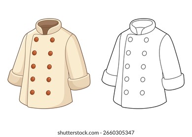 Abrigo de chef ilustrado, uno coloreado y otro en contorno blanco y negro.