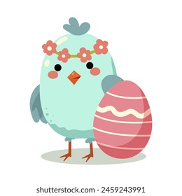 An illustrated chick with floral decoration standing next to a decorated Easter egg on a plain background, symbolizing Easter celebration, Vector illustration. Vector illustration