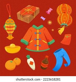 Illustrated Chinese new year element set isolated on red background. Including outfits, lanterns, candies, box, fish ornament, gold ingot, orange, white radish, red envelope and soy sauce.