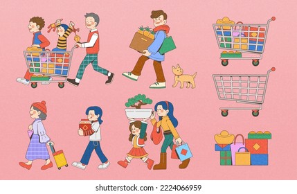 Illustrated Chinese new year shopping family set isolated on pink background. Cute characters pushing cart or carrying groceries, pet cat, shopping cart, and all kinds of presents.