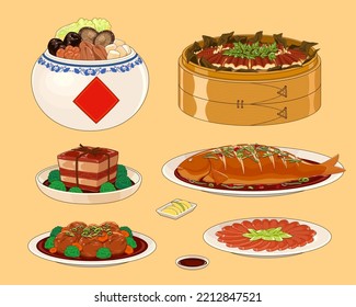 Platos chinos de víspera de Año Nuevo ilustrados aislados en un fondo naranja claro. Tentación de Buda, anguila a la parrilla, cerdo de dong po, pescado, pelota de carne, huevo de salmonete, rodaja de limón y salsa de soja.